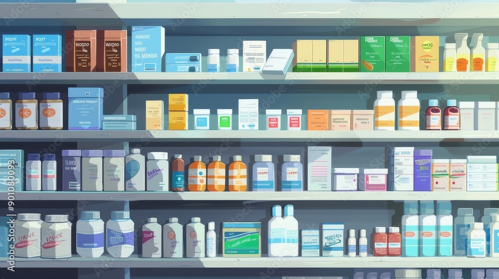 Pharmacy Panorama Vibrant Medication Display with Alphabetical Arrangement Pharmacy Panorama Vibrant Medication Display with Alphabetical Arrangement