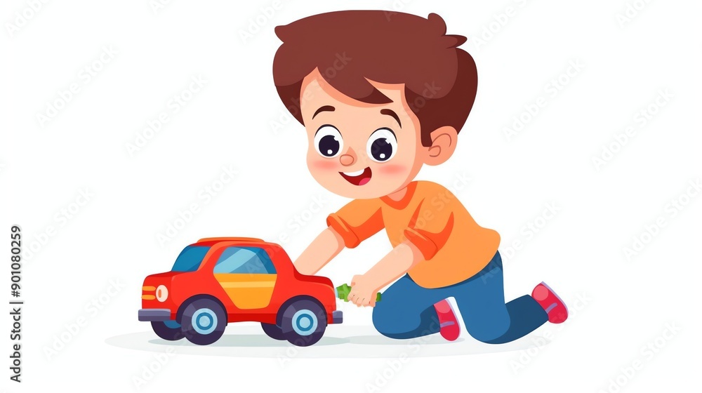 A cartoon illustration of a boy playing with a toy car. A cartoon illustration of a boy playing with a toy car.