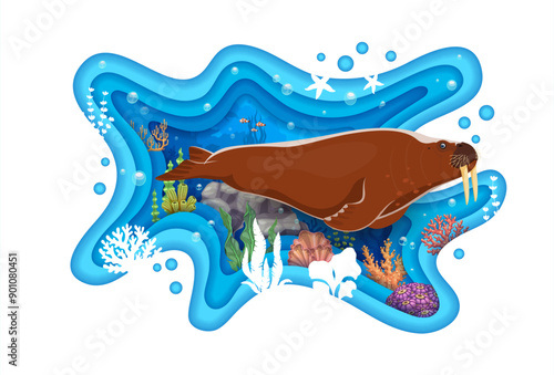 Save sea paper cut banner with walrus animal and underwater landscape with seaweeds and corals. Vector wavy frame with 3d layered papercut art effect featuring beauty and tranquility of the ocean