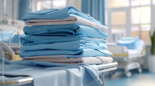 Essential Equipment Neatly Stacked Hospital Gowns and Scrubs for Dedicated Healthcare Workers