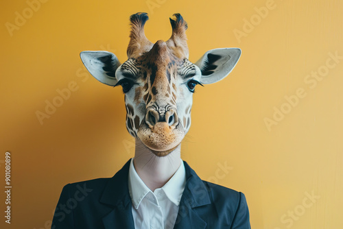 Woman with a giraffe head in office attire photo