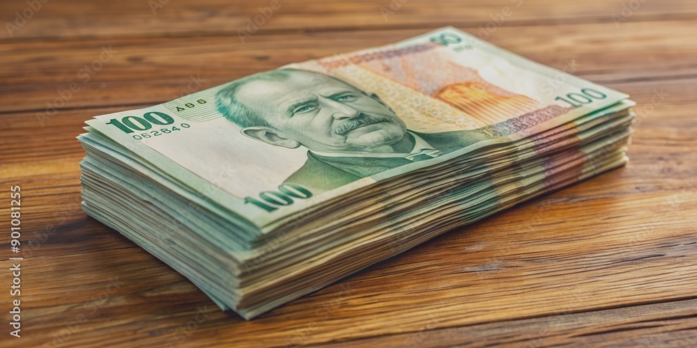 Argentinian banknotes stacked on wooden table AI-Created Content, stacked, argentino, bills, currency Argentinian banknotes stacked on wooden table AI-Created Content, stacked, argentino, bills, currency