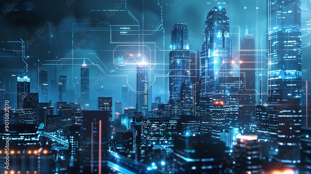 Obraz premium A futuristic city skyline with digital technology overlayed.