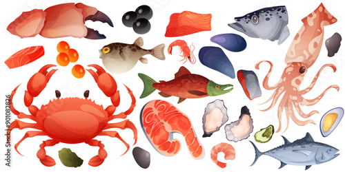 Seafood. Sea food, fish squid meat, raw salmon trout or crayfish, shrimp and lobster gourmet ocean tuna. Decorative elements for marine restaurant packaging decor. Vector cartoon isolated set