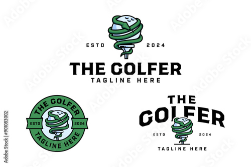 golf club with snake, golf ball, tee colorful badge logo design set for golfer, golf sport and tournament.  golf ball illustration vintage logo element template for golf professional team