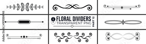 Line dividers. Decorative swirl text separators, vintage divider, Ornament divider collection, Wedding invitation card background with golden line art flower and botanical leaves Organic shapes, 