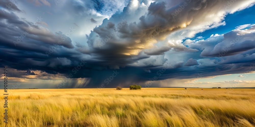 Storm clouds with rain over meadow with yellow grass Generative By AI Storm clouds with rain over meadow with yellow grass Generative By AI