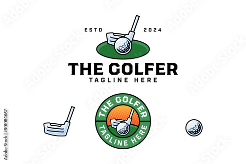 golf stick, putter, ball, course colorful badge logo design set for golfer, golf sport and tournament.  golf club illustration vintage logo element template for golf professional team