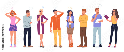 People think. Man person, question character, serious student or doubt woman human, thought exclamation. Confused thinking boys and girls standing. Vector cartoon flat illustration
