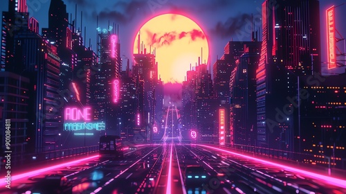 A retro futuristic city skyline with a glowing neon sunset and a road in the foreground. © Galib
