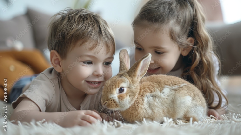 a young boy and girl playing with a pet rabbit a young boy and girl playing with a pet rabbit