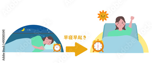 早寝早起きをする女性。生活習慣を整える。ベクターイラスト