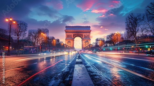 Arc de Triomphe Illuminated at Night in Paris, France photo