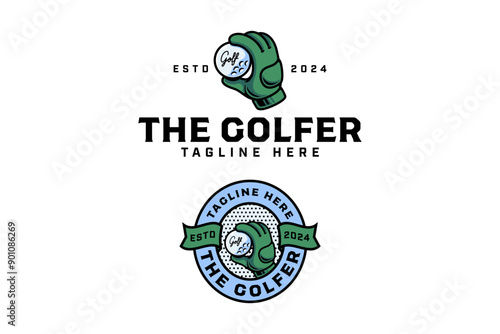 golf colorful badge logo with golf glove holding golf ball design set for golfer, golf sport and tournament.  golf club illustration vintage logo element template for golf professional team