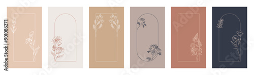 Flower frame. Line floral border, ornament decoration or minimal leaf pattern, simple art card, outline wreath. Social stories template. Web vertical banner. Cover or flyer vector background