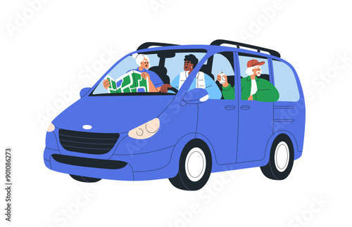 People in road travel, adventure by van. Old characters on trip, ride by car. Family, driver and senior passengers with map in journey together. Flat vector illustration isolated on white background