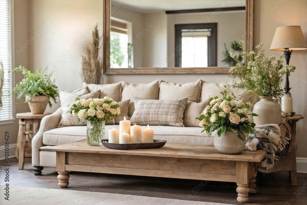 Naklejka premium A cozy countryside living room with soft beige walls and dark wooden floors.