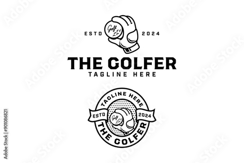 golf outline badge logo with golf glove holding golf ball design set for golfer, golf sport and tournament.  golf club illustration vintage logo element template for golf professional team