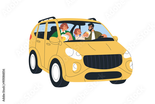 Family travel by car. Road trip, holiday adventure. Parents and kid in auto, ...