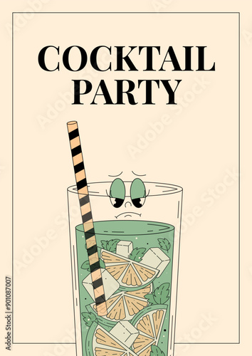 Groovy character mojito. Retro summer poster Cocktail party with popular alcoholic beverage. Vintage vector illustration 70s, 80s style