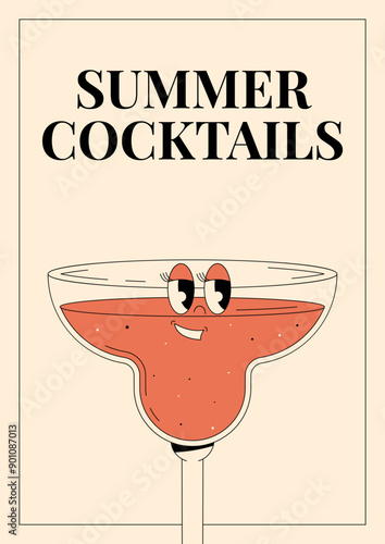 Groovy character strawberry margarita. Retro poster Summer cocktails with popular alcoholic beverage. Vintage vector illustration 70s, 80s style