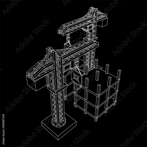 Construction crane tower. Building under construction industrial concept. Wireframe low poly mesh vector illustration.