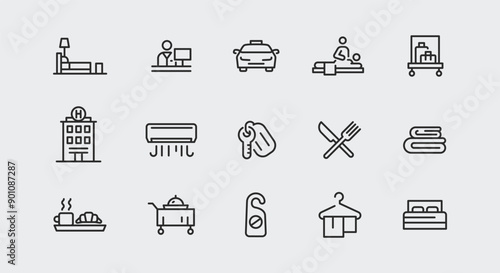 Hotel and hospitality icons. Large set of hotel and hospitality trendy minimal icons. Bed, Reception, Car, Bellhop icon. Design signs for web page, mobile app, packaging design. Vector illustration