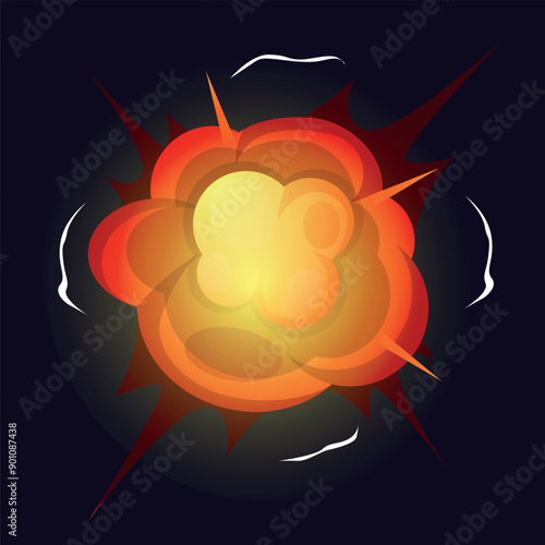 Fire explosion. Flame burst. Weapon boom effect. Bomb detonation. Destruction power. Dynamite explode epicenter. Destruction weapon attack. Magic bang. Bright flash. Vector explosive comic element