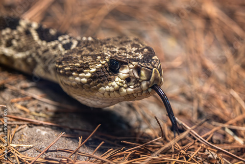 Close-up on an Eastern Diamondback Rattlesnake (Crotalus adamanteus) Head, its forked tongue out, and looking at the camera. They are venomous and native to the Americas. photo