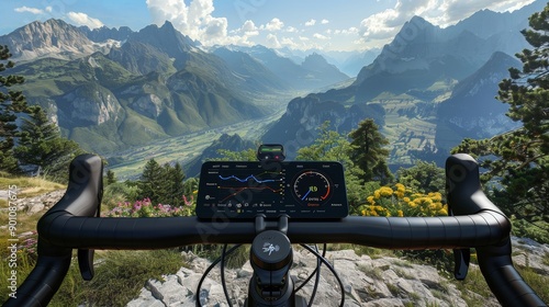 Ride Into Adventure Cyclist's HighTech Journey with Weather and Fitness Stats Displayed on Scenic Overlook