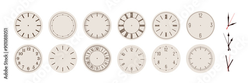 Clock faces set. Watches, clockface in old vintage and modern design styles. Analog dial with numbers. Round circle plates with pointers, arrows. Vector illustration isolated on white background