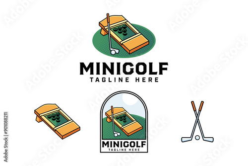 mini golf with board, golf stick, ball colorful badge logo design set for golfer, golf sport and tournament.  golf club illustration vintage logo element template for golf professional team