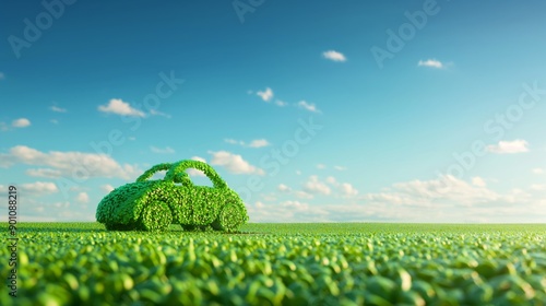 A green car made of grass on a sunny day under clear blue skies, 3d illustration.