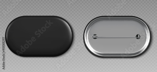Black pin badge mockup top and bottom view. Blank glossy rectangle brooch tag with rounded corners for merch template. 3d realistic vector illustration of empty promotional and advertising souvenir.