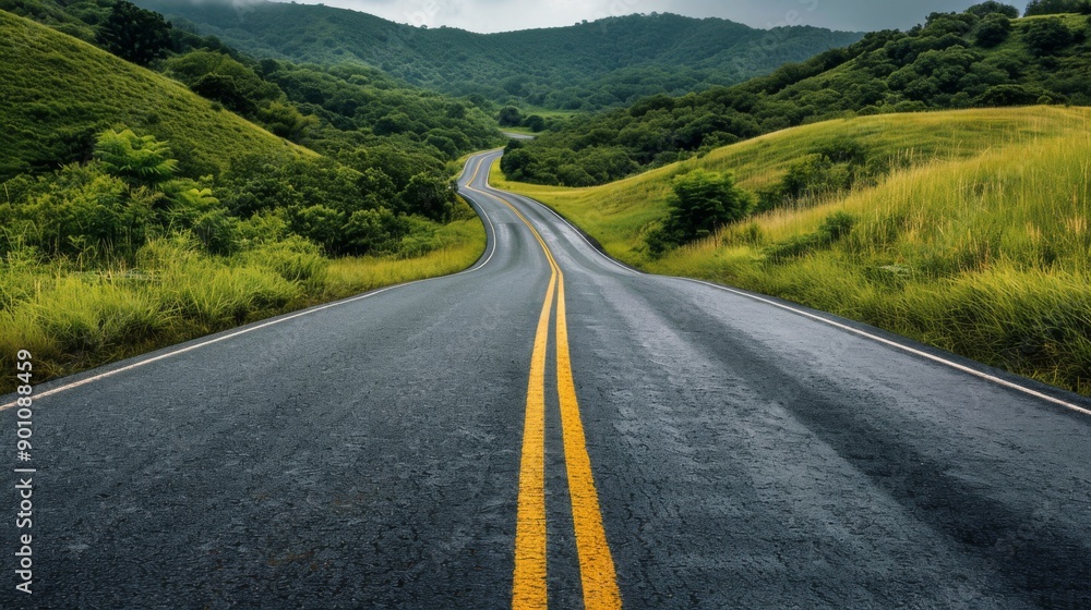 Obraz premium A curving road stretches into the distance through lush green hills under a cloudy sky, symbolizing a business journey or the path to success.