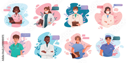 Health care. Nurse and doctor. Medic workers. Man dentist. Woman cardiologist. People with speech bubbles. Clinic characters for medicine infographic. Vector physician portraits set