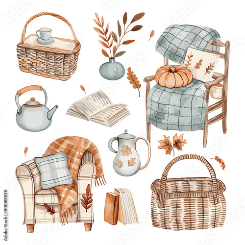 Watercolor autumn cozy clipart for home decor.