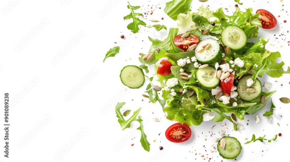 Fresh Salad Ingredients Floating in Air with Feta Cheese and Sunflower Seeds - Healthy Eating Concept Fresh Salad Ingredients Floating in Air with Feta Cheese and Sunflower Seeds - Healthy Eating Concept