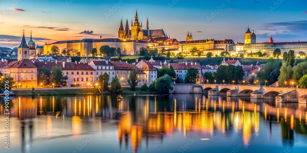 Fototapeta premium Prague Castle with Vltava river illuminated by artificial lighting in the early evening Prague Czech Republic Europe AI-Created