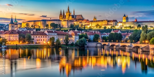 Prague Castle with Vltava river illuminated by artificial lighting in the early evening Prague Czech Republic Europe AI-Created