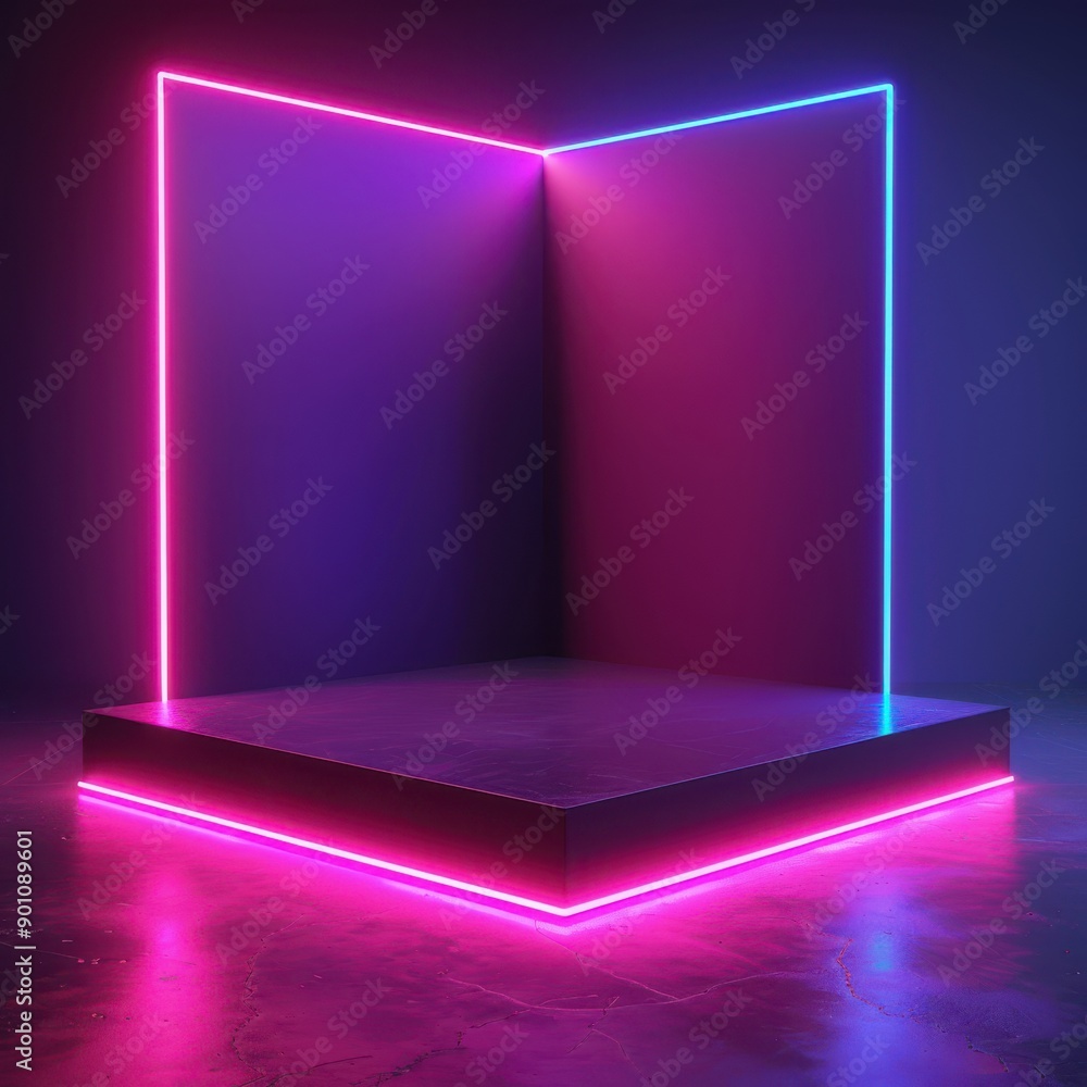 Minimalist square podium with neon edges, showcasing sleek product presentation, modern design, glowing backdrop. Minimalist square podium with neon edges, showcasing sleek product presentation, modern design, glowing backdrop.