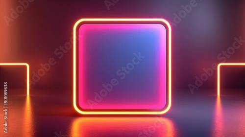 Minimal square podium with neon highlights, elegant product display, modern presentation style, copy space, focus cover all object, deep dept of field