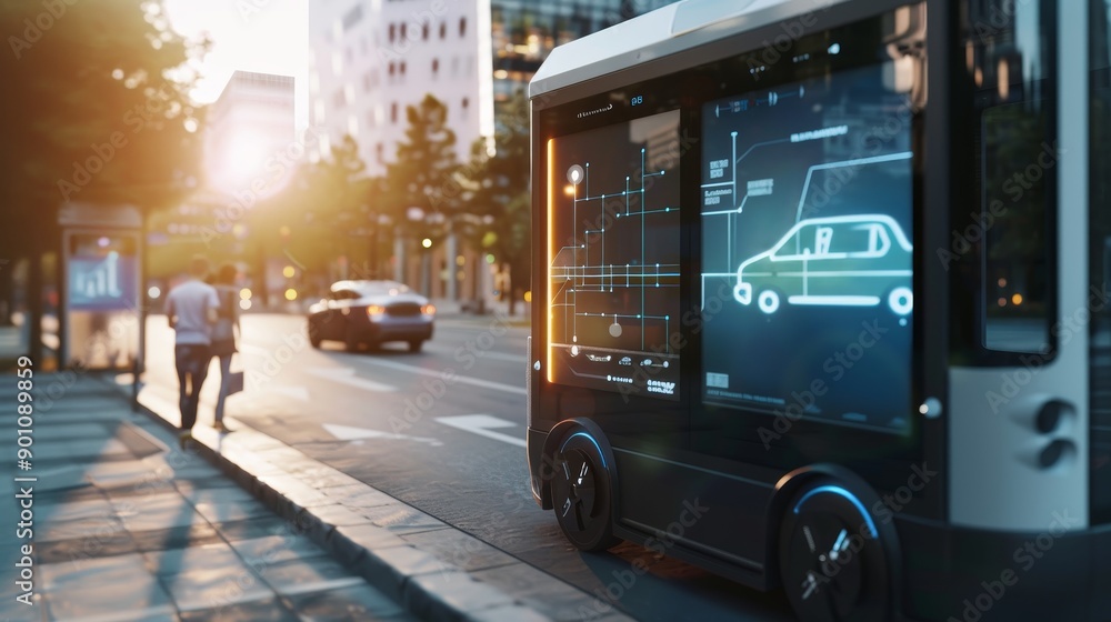 Seamless Urban Mobility Futuristic Driverless Shuttle Service Interface on Smart City Touchscreen Seamless Urban Mobility Futuristic Driverless Shuttle Service Interface on Smart City Touchscreen