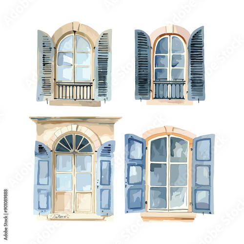 Set of four watercolor illustrations of windows with shutters.
