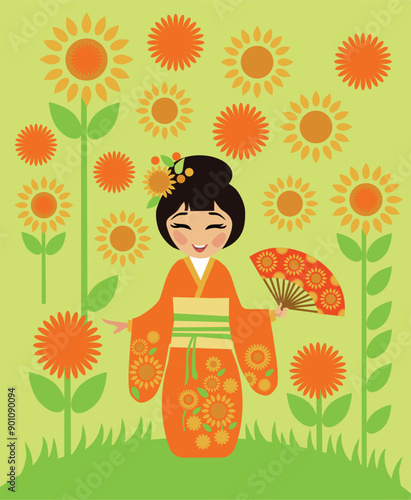 Kokeshi girl admiring a field of sunflowers at the Himawari Matsuri festival