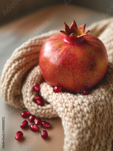 A single, vibrant pomegrana...