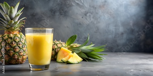 Fragrant and refreshing pineapple juice smoothie served in clear glass cup on gray table background. Generative AI photo