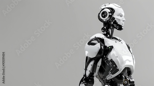 A white humanoid robot stands against a gray background. © Galib