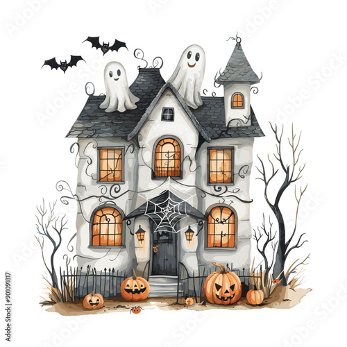 Spooky haunted house with ghosts and bats for Halloween.