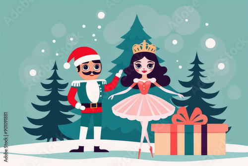 Retro aesthetic greeting card with nutcracker and ballerina with Christmas snow scene winter landscape. photo